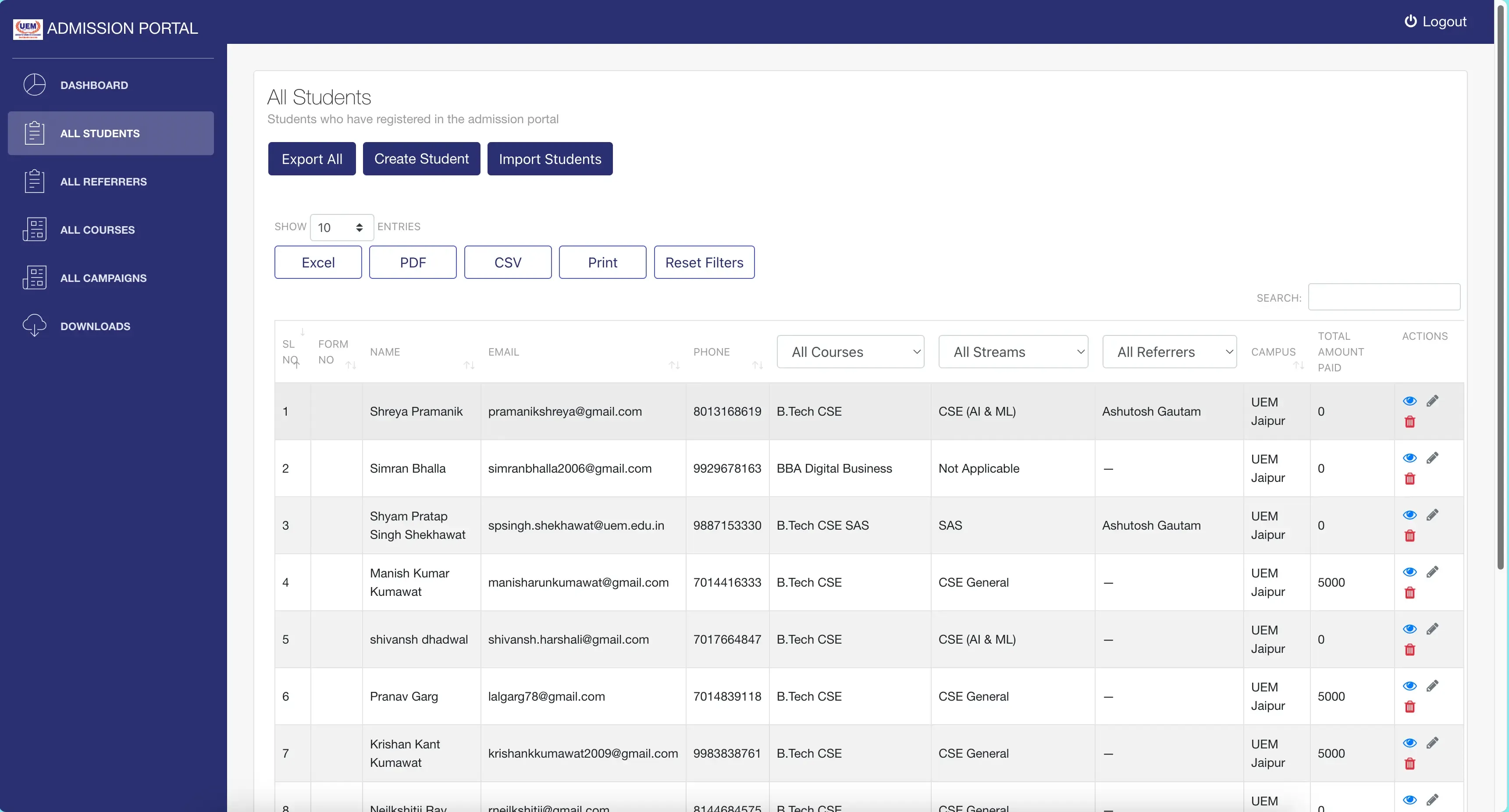 UEM Unified Admission Portal
